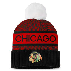 Chicago Blackhawks Fanatics Women's Authentic Pro Rink Cuffed Knit Hat with Pom - Black/Red Hats