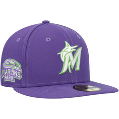 Miami Marlins Lime Side Patch 59FIFTY Fitted Hat Purple