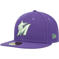 Miami Marlins Lime Side Patch 59FIFTY Fitted Hat Purple