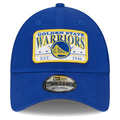 Golden State Warriors Plate Oversized Patch Trucker 9FORTY Adjustable Hat sale - Royal outlet