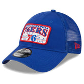 Philadelphia 76ers Plate Oversized Patch Trucker 9FORTY Adjustable Hat - Royal discount