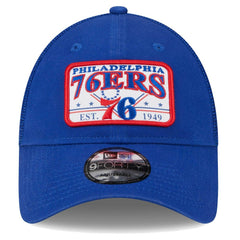 Philadelphia 76ers Plate Oversized Patch Trucker 9FORTY Adjustable Hat - Royal discount