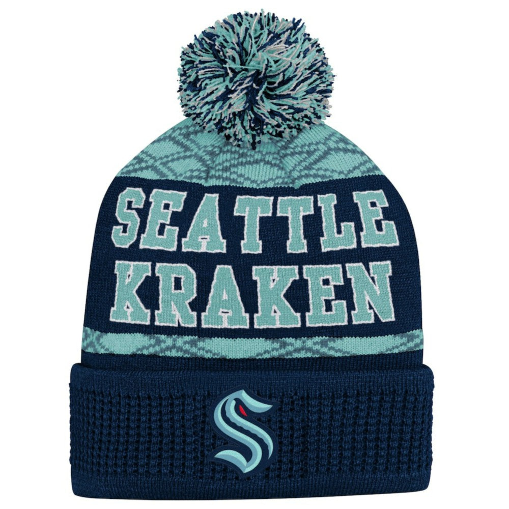 Seattle Kraken Youth Puck Cuffed Knit Hat with Pom - Deep Sea Blue Hats
