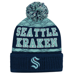 Seattle Kraken Youth Puck Cuffed Knit Hat with Pom - Deep Sea Blue Hats