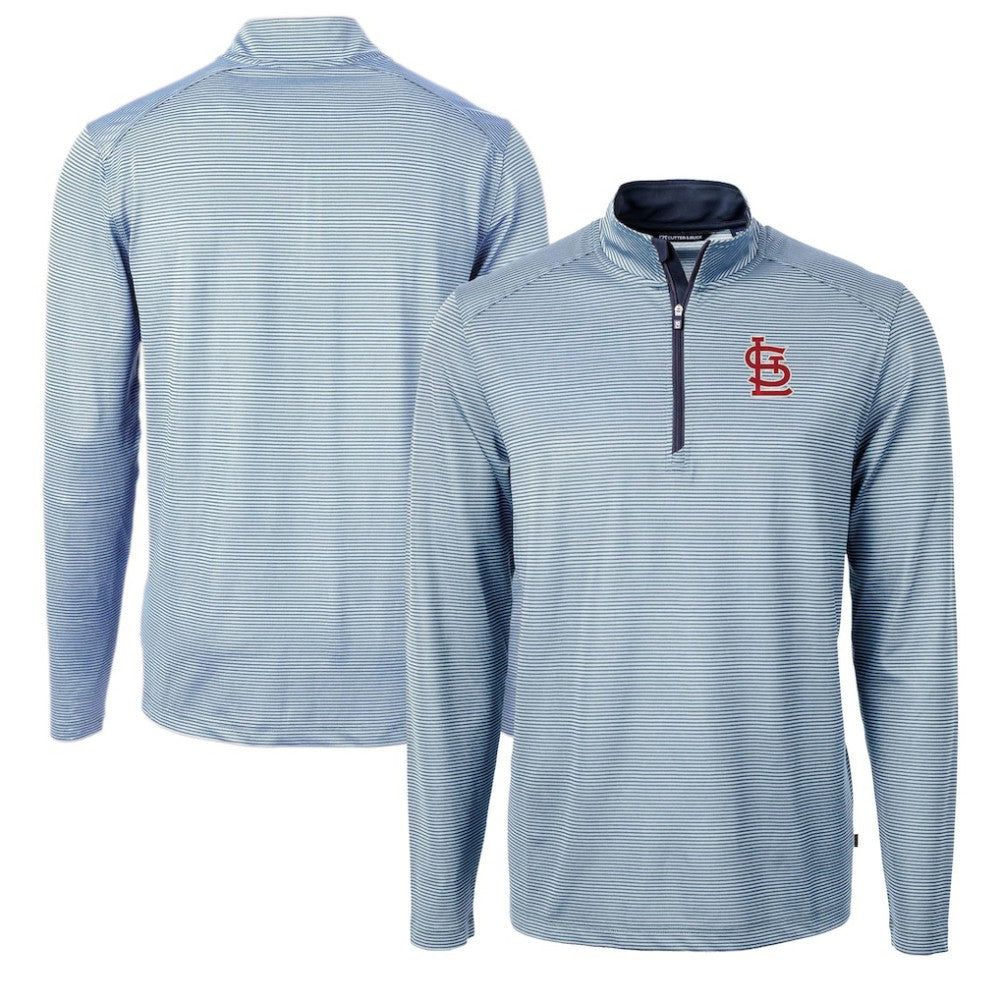St. Louis Cardinals Cutter & Buck Virtue Eco Pique Micro Stripe Recycled Quarter-Zip Pullover Top Light Blue/Navy