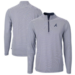 Atlanta Braves Cutter & Buck Virtue Eco Pique Micro Stripe Big & Tall Recycled Quarter-Zip Pullover Top Navy/White