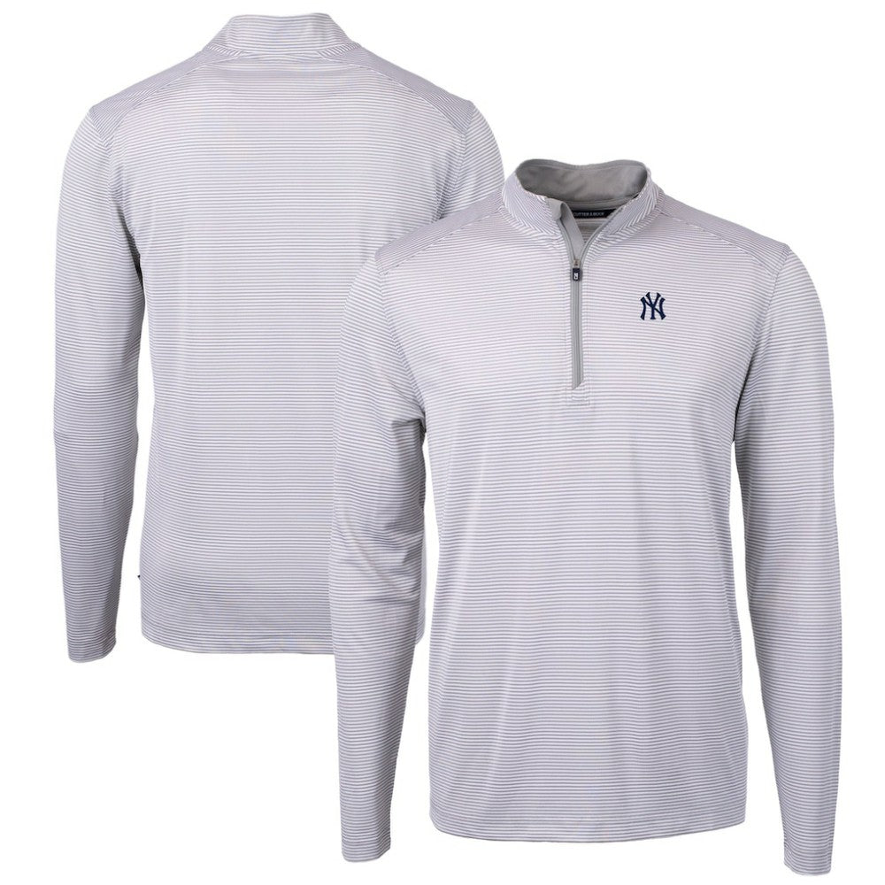New York Yankees Cutter & Buck Virtue Eco Pique Micro Stripe Big & Tall Recycled Quarter-Zip Pullover Top Gray/White