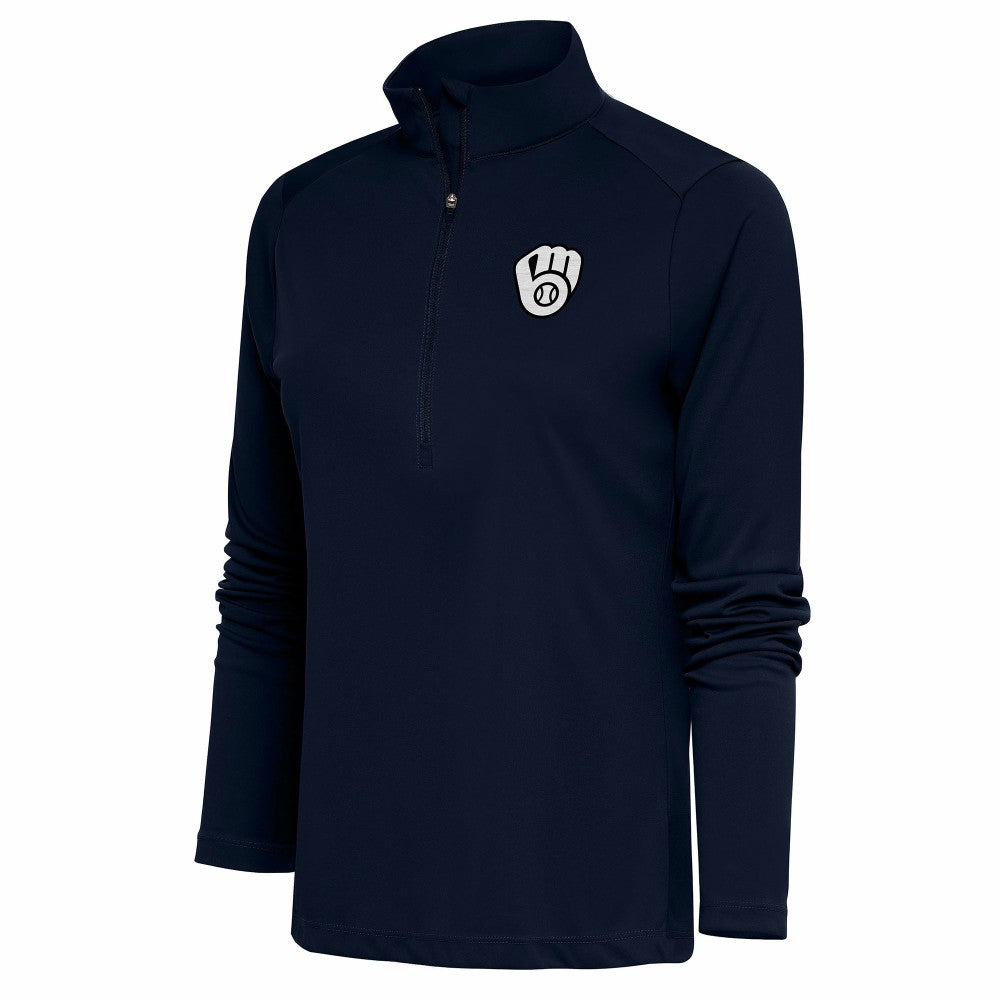 Milwaukee Brewers Antigua Women's Brushed Metallic Tribute Half-Zip Pullover Top Navy