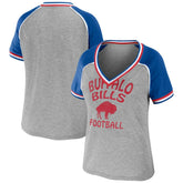 Buffalo Bills WEAR by Erin Andrews Women's Cropped Raglan Throwback V-Neck T-Shirt - Heather Gray for sale