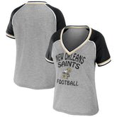 New Orleans Saints WEAR by Erin Andrews Women's Cropped Raglan Throwback V-Neck T-Shirt - Heather Gray cheap