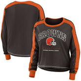 Cleveland Browns WEAR by Erin Andrews Women's Color Block Modest Crop Long Sleeve T-Shirt - Brown/Orange for sale