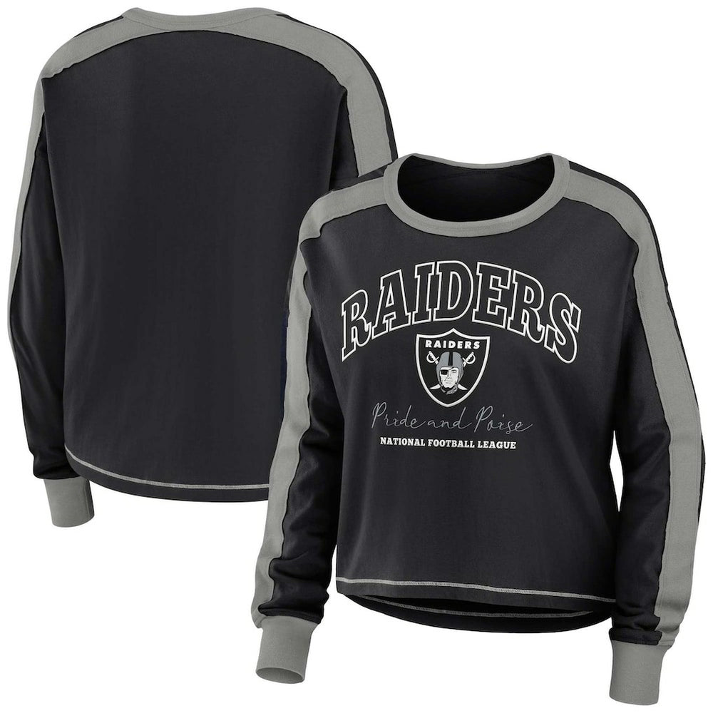 Las Vegas Raiders WEAR by Erin Andrews Women's Color Block Modest Crop Long Sleeve T-Shirt - Black/Silver discount