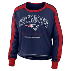 New England Patriots WEAR by Erin Andrews Women's Color Block Modest Crop Long Sleeve T-Shirt - Navy/Red sale