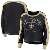 New Orleans Saints WEAR by Erin Andrews Women's Color Block Modest Crop Long Sleeve T-Shirt - Black/Gold for sale