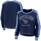 Tennessee Titans WEAR by Erin Andrews Women's Color Block Modest Crop Long Sleeve T-Shirt - Navy/Light Blue for sale