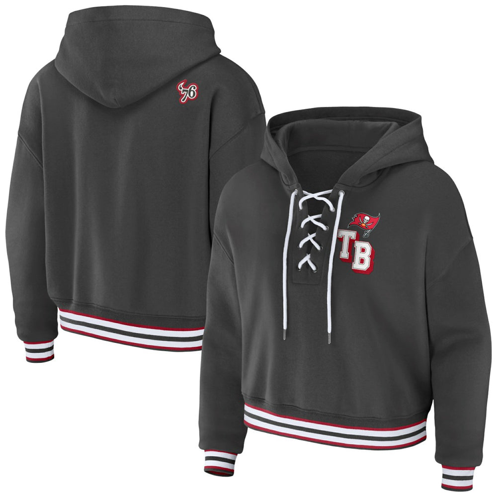Tampa Bay Buccaneers WEAR by Erin Andrews Women's Lace-Up Pullover Hoodie - Pewter discount