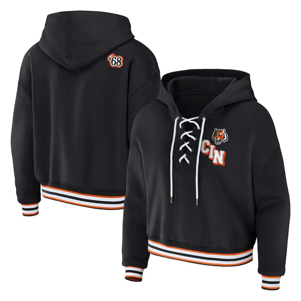 Cincinnati Bengals WEAR by Erin Andrews Women's Plus Size Lace-Up Pullover Hoodie - Black on sale