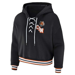 Cincinnati Bengals WEAR by Erin Andrews Women's Plus Size Lace-Up Pullover Hoodie - Black on sale
