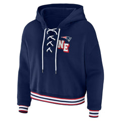 New England Patriots WEAR by Erin Andrews Women's Plus Size Lace-Up Pullover Hoodie - Navy on sale