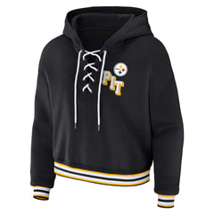 Pittsburgh Steelers WEAR by Erin Andrews Women's Plus Size Lace-Up Pullover Hoodie - Black for sale