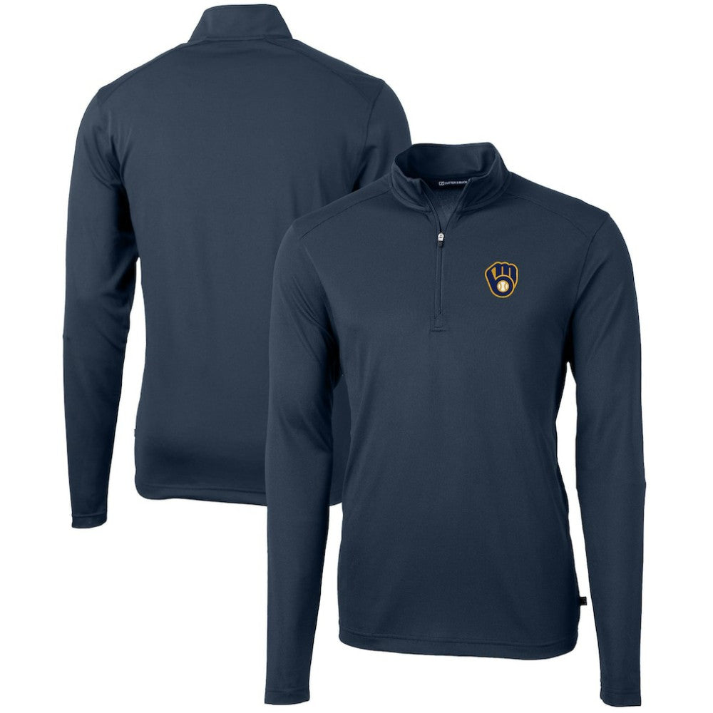 Milwaukee Brewers Cutter & Buck Virtue Eco Pique Recycled Quarter-Zip Pullover Top Navy