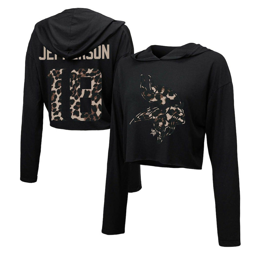 Justin Jefferson Minnesota Vikings Majestic Threads Women's Leopard Player Name & Number Long Sleeve Cropped Hoodie - Black sale