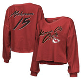 Patrick Mahomes Kansas City Chiefs Majestic Threads Women's Name & Number Off-Shoulder Script Cropped Long Sleeve Relaxed V-Neck T-Shirt - Red on sale