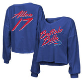Josh Allen Buffalo Bills Majestic Threads Women's Name & Number Off-Shoulder Script Cropped Long Sleeve Relaxed V-Neck T-Shirt - Royal cheap
