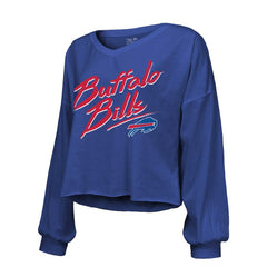 Josh Allen Buffalo Bills Majestic Threads Women's Name & Number Off-Shoulder Script Cropped Long Sleeve Relaxed V-Neck T-Shirt - Royal cheap
