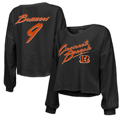Joe Burrow Cincinnati Bengals Majestic Threads Women's Name & Number Off-Shoulder Script Cropped Long Sleeve Relaxed V-Neck T-Shirt - Black for sale