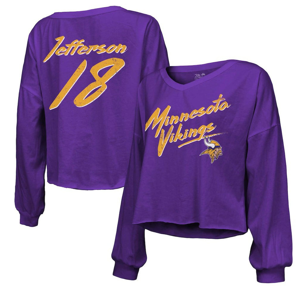 Justin Jefferson Minnesota Vikings Majestic Threads Women's Name & Number Off-Shoulder Script Cropped Long Sleeve V-Neck T-Shirt - Purple discount