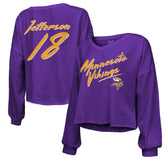 Justin Jefferson Minnesota Vikings Majestic Threads Women's Name & Number Off-Shoulder Script Cropped Long Sleeve V-Neck T-Shirt - Purple discount