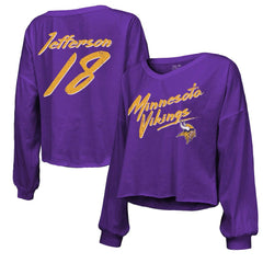 Justin Jefferson Minnesota Vikings Majestic Threads Women's Name & Number Off-Shoulder Script Cropped Long Sleeve V-Neck T-Shirt - Purple discount