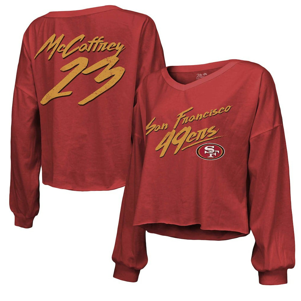 Christian McCaffrey San Francisco 49ers Majestic Threads Women's Name & Number Off-Shoulder Script Cropped Long Sleeve V-Neck T-Shirt - Scarlet outlet