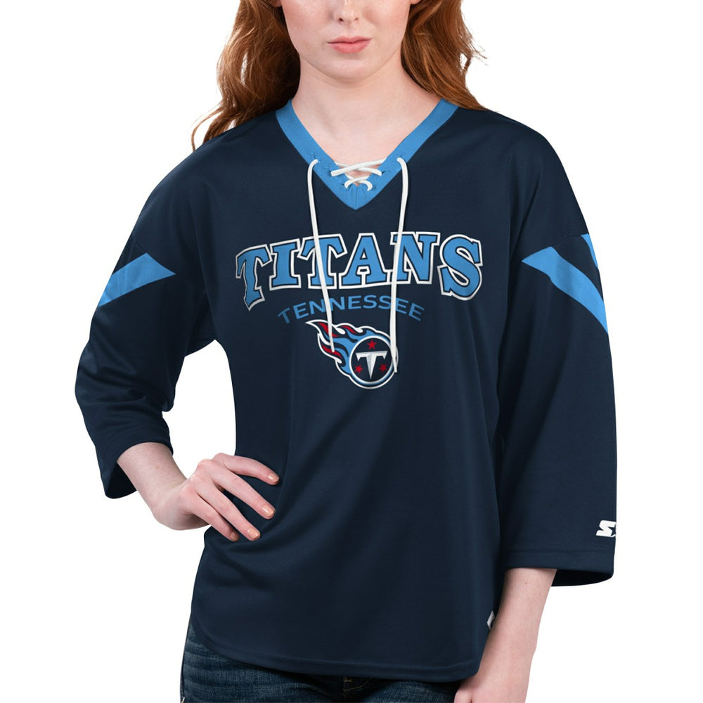 Tennessee Titans Starter Women's Rally Lace-Up 3/4 Sleeve T-Shirt - Navy outlet