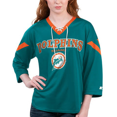 Miami Dolphins Starter Women's Rally Lace-Up 3/4 Sleeve T-Shirt - Aqua on sale