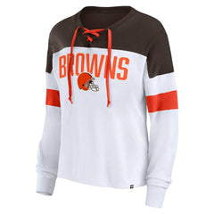 Cleveland Browns Women's Plus Size Even Match Lace-Up Long Sleeve V-Neck Top - White/Brown discount