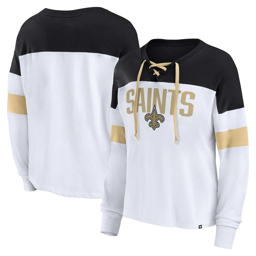 New Orleans Saints Women's Plus Size Even Match Lace-Up Long Sleeve V-Neck Top - White/Black for sale