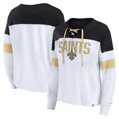 New Orleans Saints Women's Plus Size Even Match Lace-Up Long Sleeve V-Neck Top - White/Black for sale