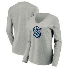 Seattle Kraken Women's Primary Logo V-Neck Long Sleeve T-Shirt - Gray T-shirts