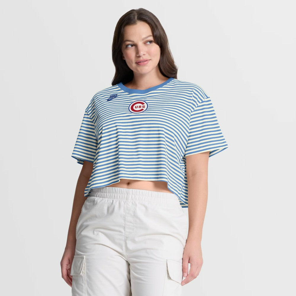 Chicago Cubs Women's Cooperstown Collection Striped Cropped T-Shirt Light Blue/Cream