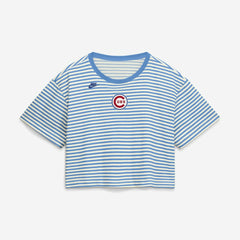 Chicago Cubs Women's Cooperstown Collection Striped Cropped T-Shirt Light Blue/Cream
