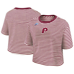 Philadelphia Phillies Women's Cooperstown Collection Striped Cropped T-Shirt Burgundy/Cream