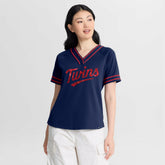 Minnesota Twins Women's Diva Race Ahead Raglan V-Neck T-Shirt Navy