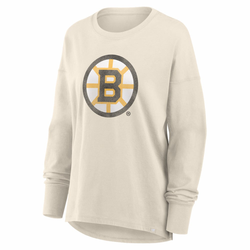 Boston Bruins Fanatics Women's Distressed Logo Long Sleeve T-Shirt - Cream T-shirts