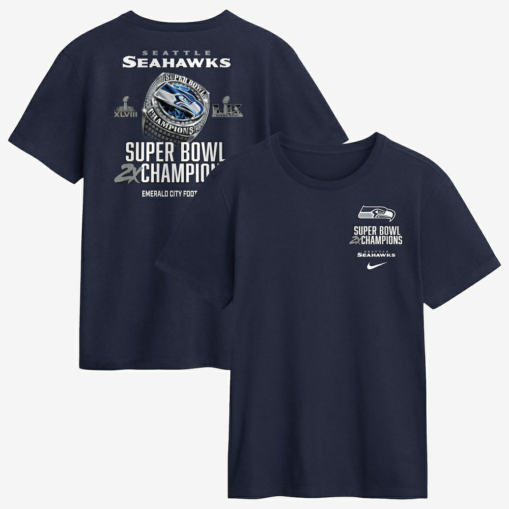 Seattle Seahawks Two-Time Super Bowl Champions Downtown Ring Club T-Shirt - College Navy sale