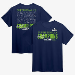 Seattle Seahawks Super Bowl LX Champions Autograph Signing Roster T-Shirt - College Navy sale