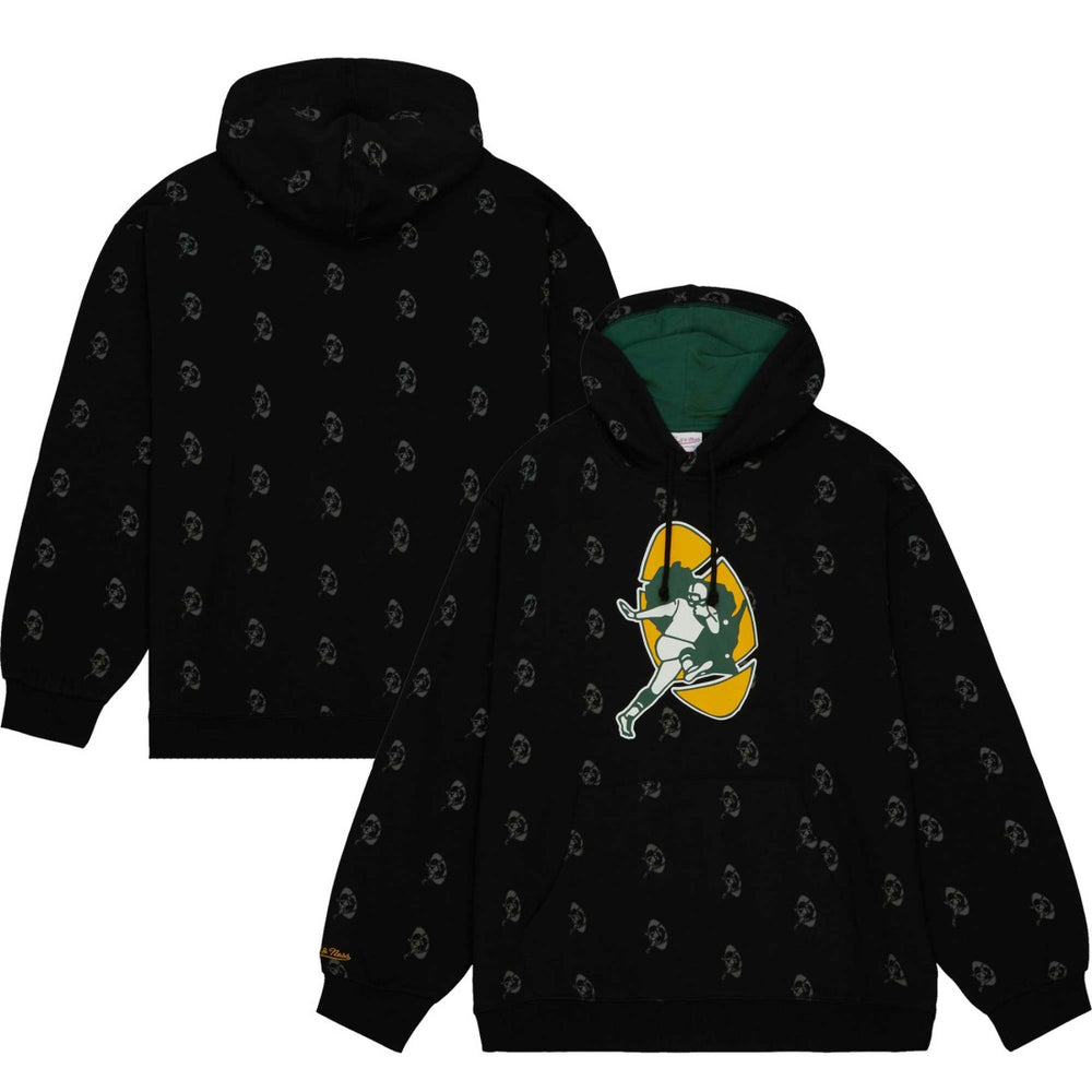 Green Bay Packers Allover Print Fleece Pullover Hoodie - Black discount