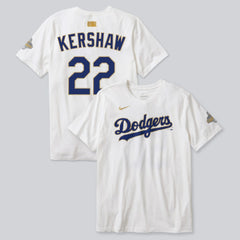 Clayton Kershaw Los Angeles Dodgers 2026 Gold Collection Player Name & Number T-Shirt White