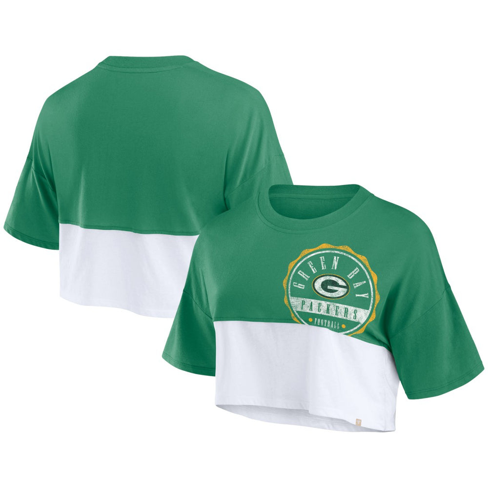 Green Bay Packers Women's Boxy Color Split Cropped T-Shirt - Green/White outlet